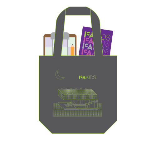 Graphic of a black tote with the ICA displayed on it carrying art making supplies