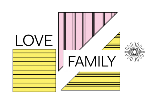 Art lab icons with striped yellow and pink geometric shapes, a flower, and text reading "Love" and "Family". 
