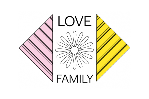 Art lab icons with striped yellow and pink traingles, a flower, and text reading "Love" and "Family". 