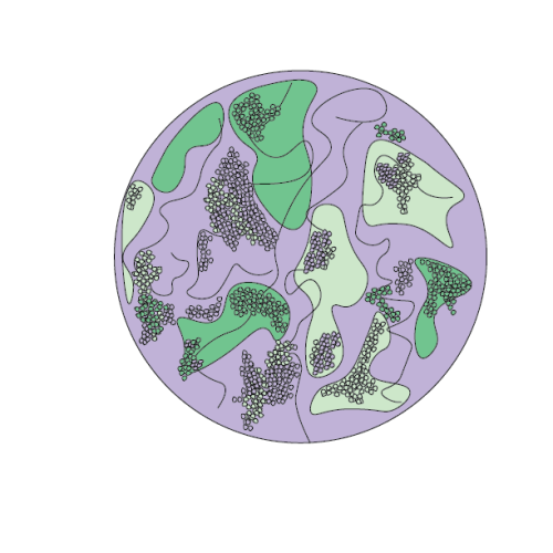 Purple circle icon with green organic shapes and squiggles inside
