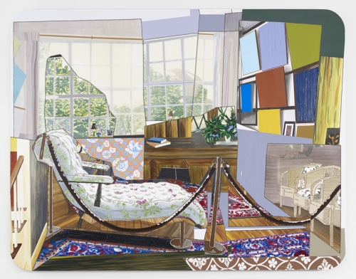 A collaged mixed media painting shows a colorful interior scene of a salon with a chaise, bright open windows, and assorted decorations.