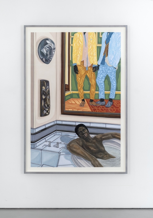 A drawing on paper depicts a Black man relaxing in a tiled bathtub with art objects including two masks and a rendering of two Black men in colorful suits hanging on adjacent walls behind the tub.
