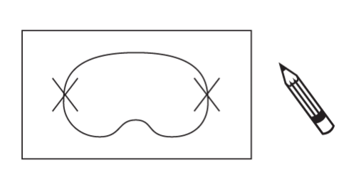 Icon of mask shape with two X's on either side outlined on paper with pencil. 
