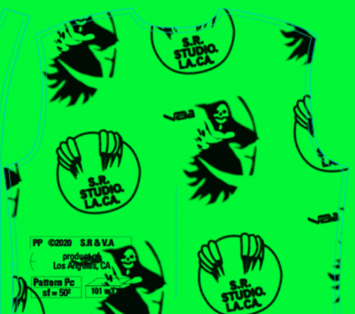 Clothing pattern on green background with repeating grim reaper imagery and the text "S.R. STUDIO. LA. CA."