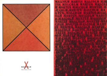 To the left, a square split in an X formation into 4 shades ranging between brown, red, and orange. To the right, a taller red rectangle with black text repeatedly printed "Malcom Martin" in an increasingly crowded and illegible manner toward the bottom. Below the square, the text reads "Malcom X Man Ideal Icon".