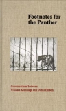 A black and white illustration of a panther behind vertical bars against a tan background with above text reading "Footnotes for the Panther" and below text reading "Conversations between William Kentridge and Dennis Hirson. 
