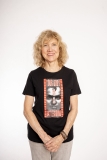 Older person with shoulder-length hair models black t-shirt with Barbara Kruger graphic