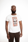 Bald person with a beard models white t-shirt with Barbara Kruger graphic