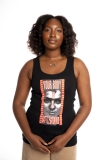 Person with long hair and dark skin models a black tank top with Barbara Kruger graphic