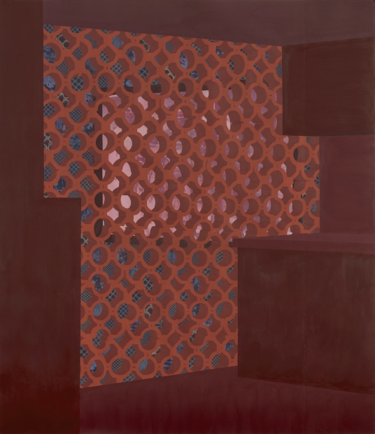 A painting of a bright red lattice screen separating a dark red room from a blue room featuring a pink family portrait