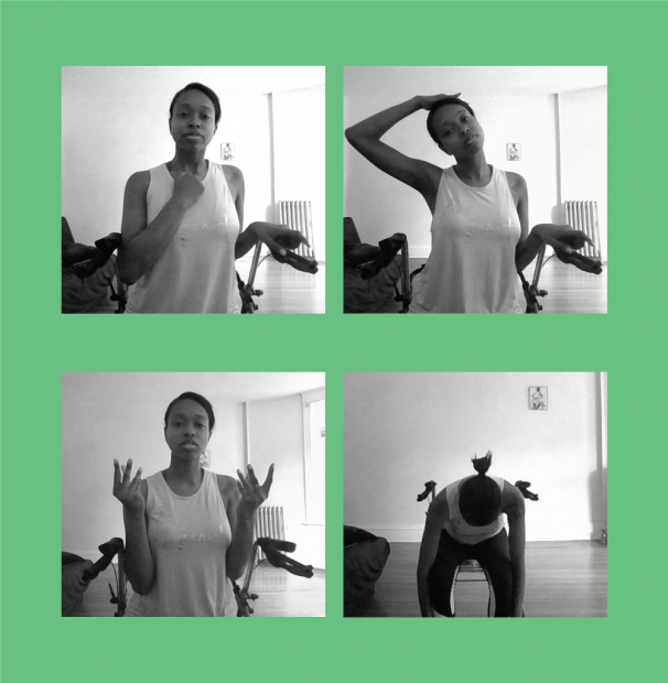 4 black and white images of a woman stretching on a green background. 
