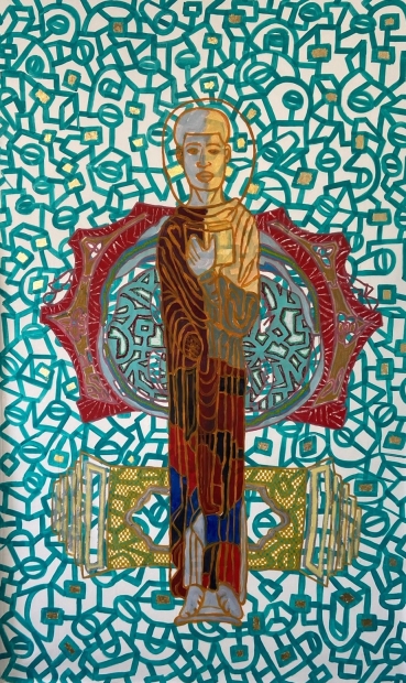 A multi-colored painting of a figure stylized as a gothic saint against teal and white pattern in the background
