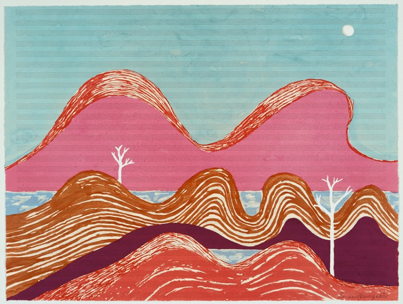 A print of a moonlit landscape of pink, orange, and red hills on lined music paper.