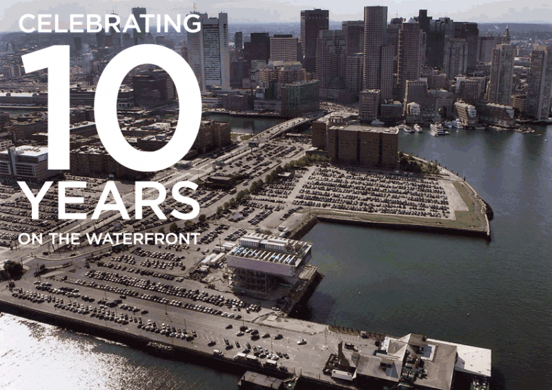 Graphic with aerial shot of Seaport neighborhood and harbor and the text "Celebrating 10 years on the waterfront"
