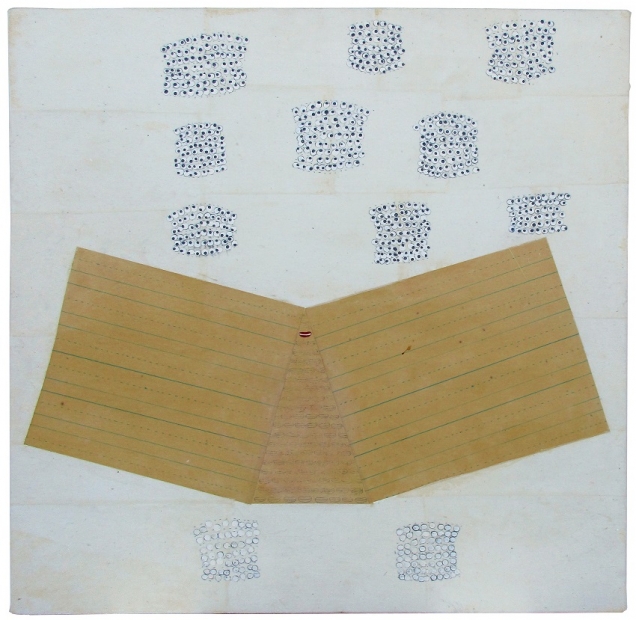 A painting featuring two sheets of lined penmanship paper surrounded by clusters of small eyes.
