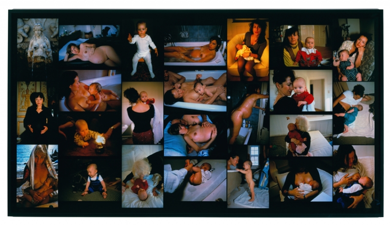 A collage of 23 color photographs depicting women in various stages of pregnancy or caring for children. 