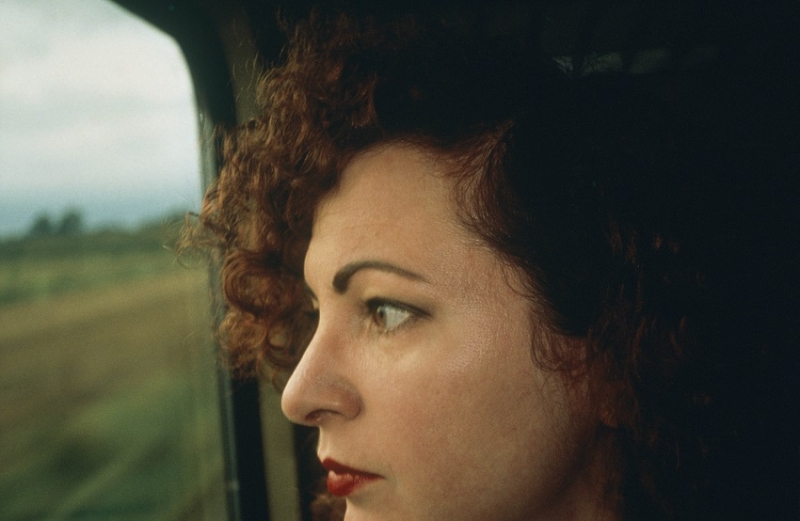 A color photograph shows the artist, a light-skinned woman with curly reddish hair and red lipstick, close- up in profile as she gazes out of a train window.