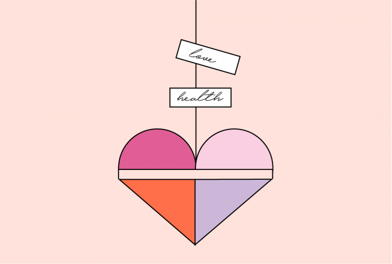 Illustration of a heart shape on a string with tags reading "love" and "health"
