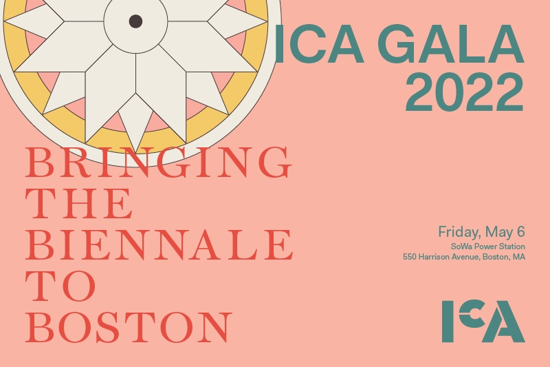 Pink graphic with stylized stained glass window and coral and teal text about the ICA 2022 Gala