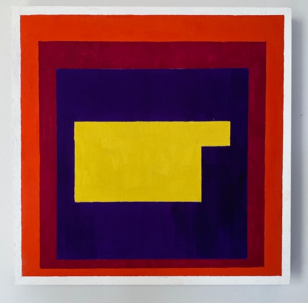 A yellow, rectangle-like shape is centered within a purple square, which is bordered by a burgundy square, within a red square.