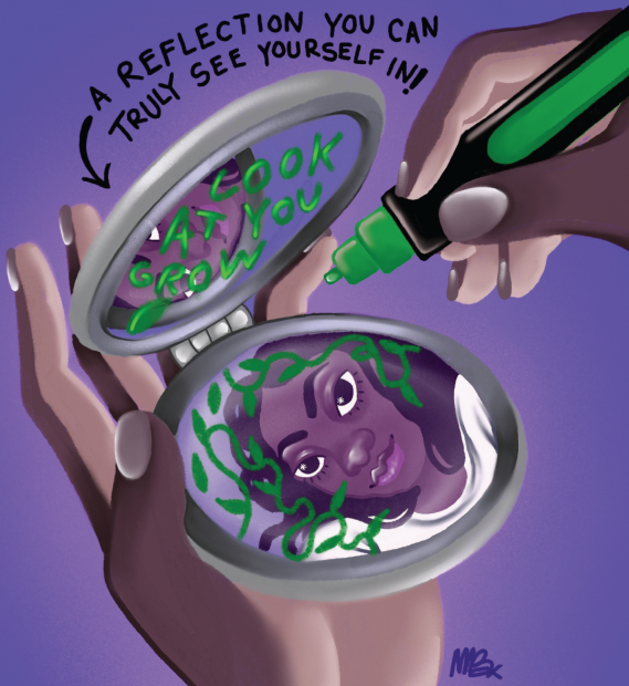 An illustration of a young girl looking into a compact makeup mirror and writing "look at you grow" in green marker.
