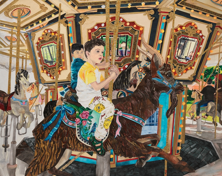 Painting of a young boy riding in a carousel