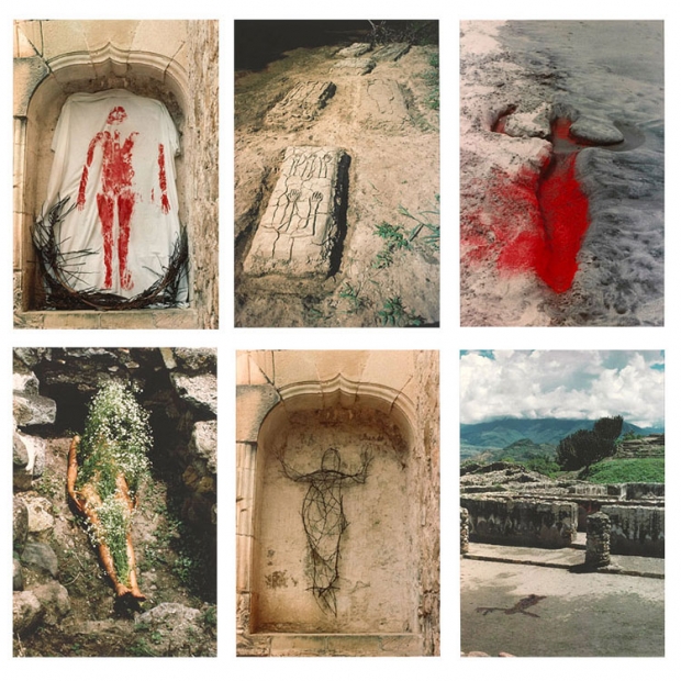 Six color photographs in two rows of three show a figure rendered in various ways including as a line drawing in dirt, in blood or red pigment on cloth and in sand, and in sticks in an architectural hollow.