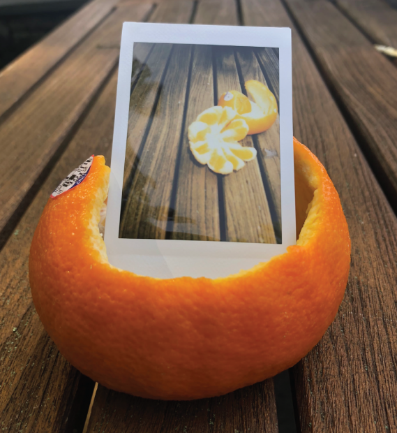 A polaroid photograph of orange peels inside the same orange peel on a wooden deck.