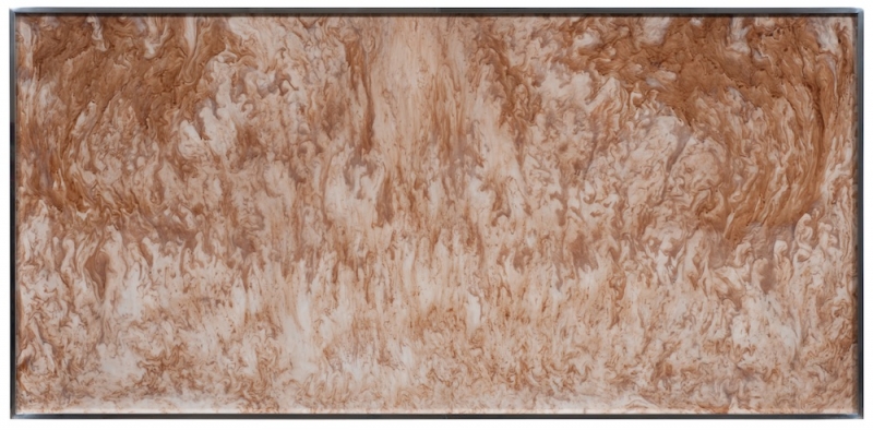 A horizontal artwork of copperish brown swirling together with a lighter neutral color. Medium is not apparent.