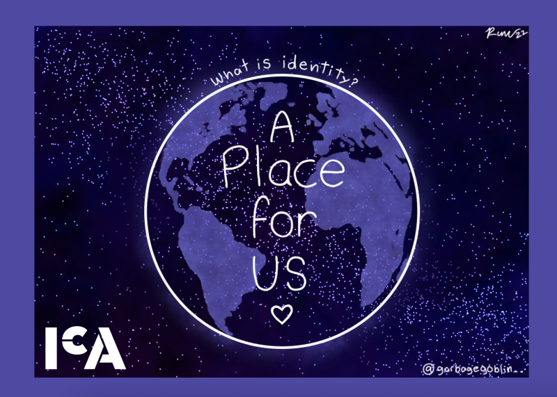 A purple graphic of the earth among the stars with text "What is Identity? A Place for Us"