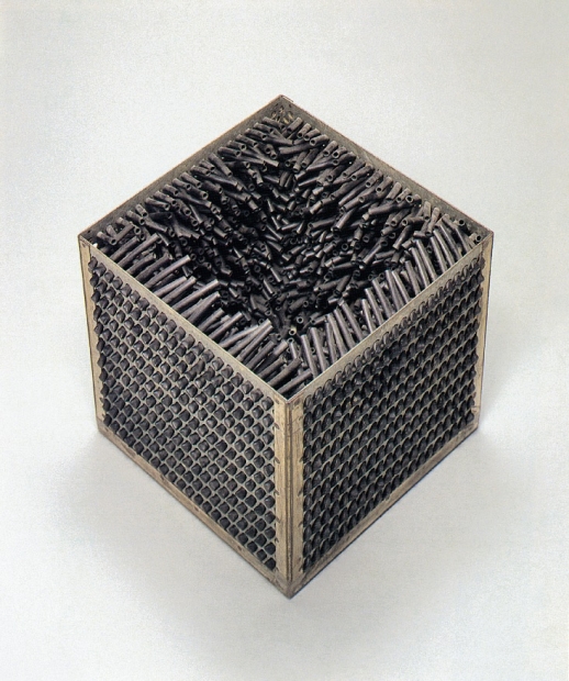 A sculpture made of steel and rubber in the shape of a cube with an open top to revealing an interior of spiky, organic looking black tubes interior.