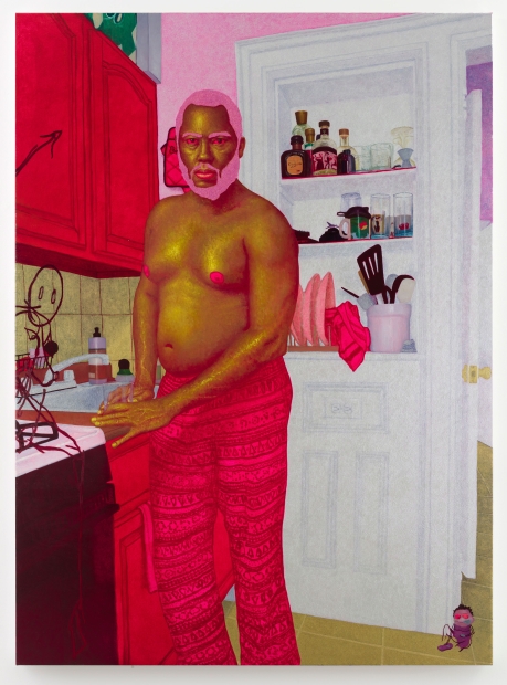 An artwork depicting a shirtless man with dark complexion and pink hair stands in a bright colored kitchen