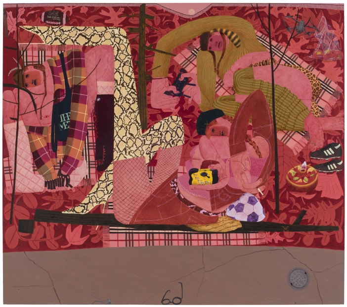 A large pink-toned painting of three contorted female figures with braids lying in the leaves on plaid blankets next to a sidewalk. The central figure is most detailed and wears thigh-high snakeskin boots and holds a disposable camera and a cigarette. 