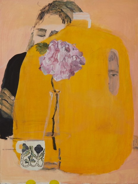 A mostly orange painting suggesting a woman sitting at a table with her face half-covered behind a large dark mustard jug with a patterned white mug and a glass vase of flowers in front of that. A portion of a child's face peaks out from the handle of the jug.
