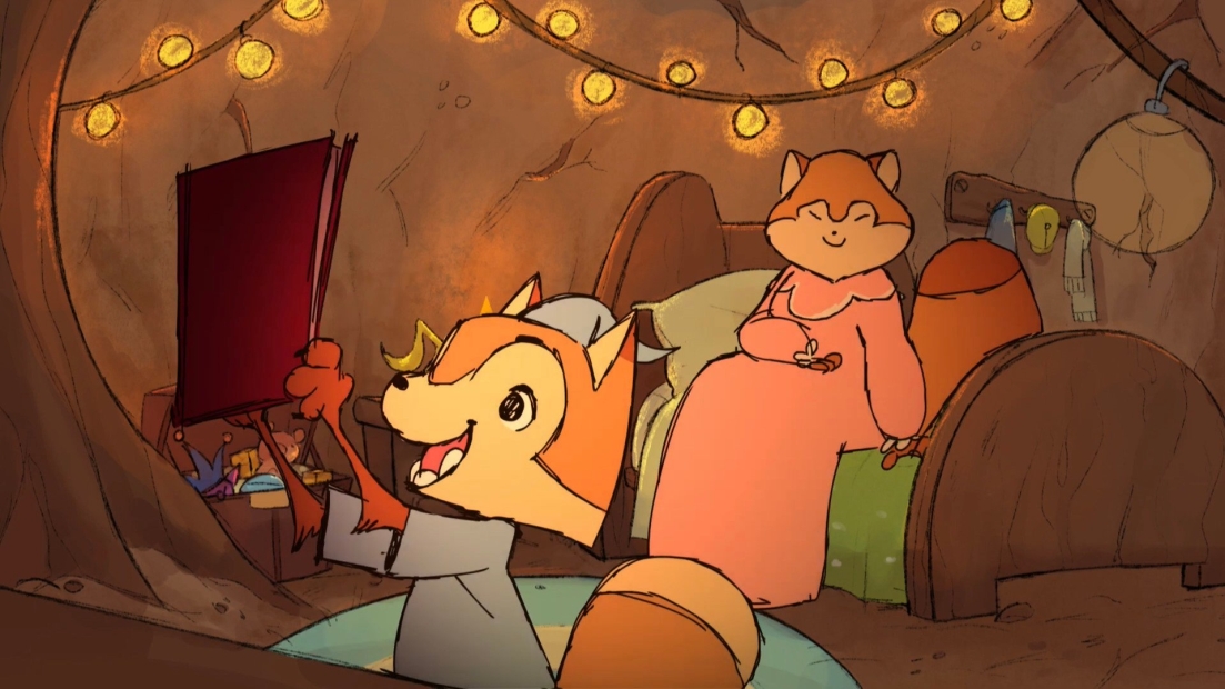 Still from animation of red squirrels wearing clothes in a bedroom