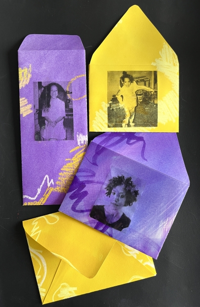 Purple and yellow envelopes with photos transferred onto them