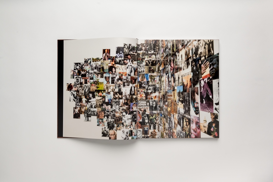 Book photography showing a 2 page spread covered in small photos arranged on a wall