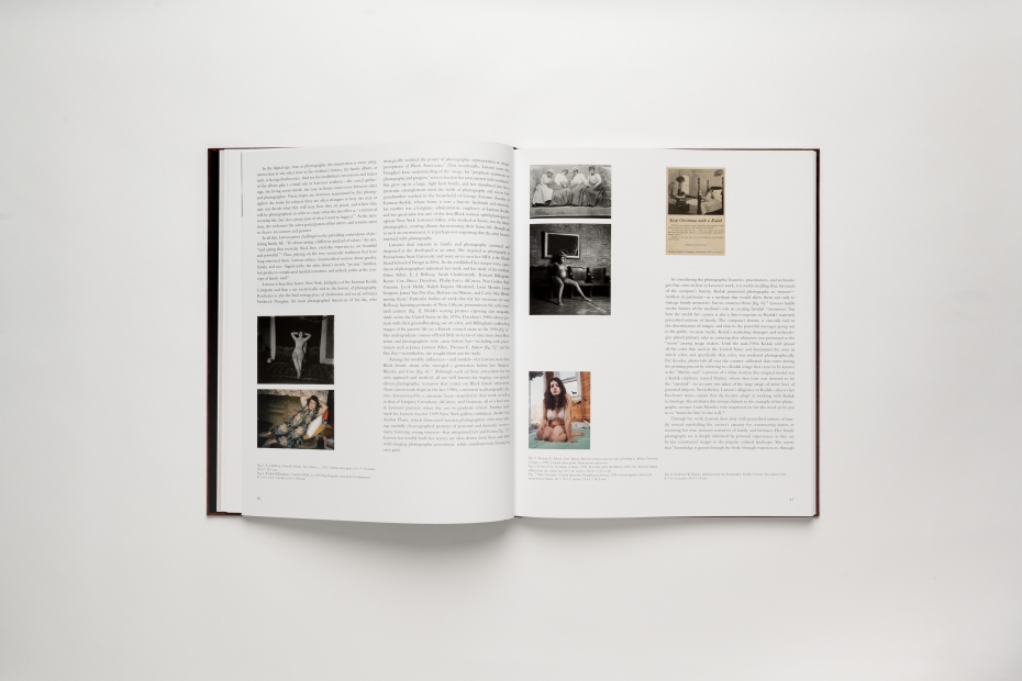 Book photography showing text on two pages with small photos interspersed 