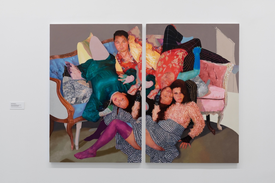 A painting of several people lounging on a couch.