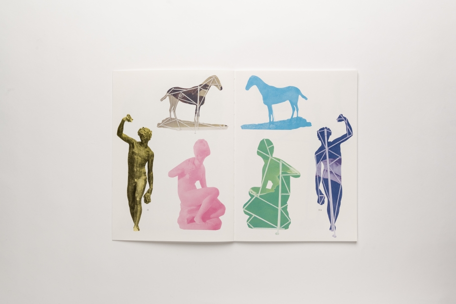 Book spread of art historical sculptures with their silhouette color graphics of them mirrored on the next page