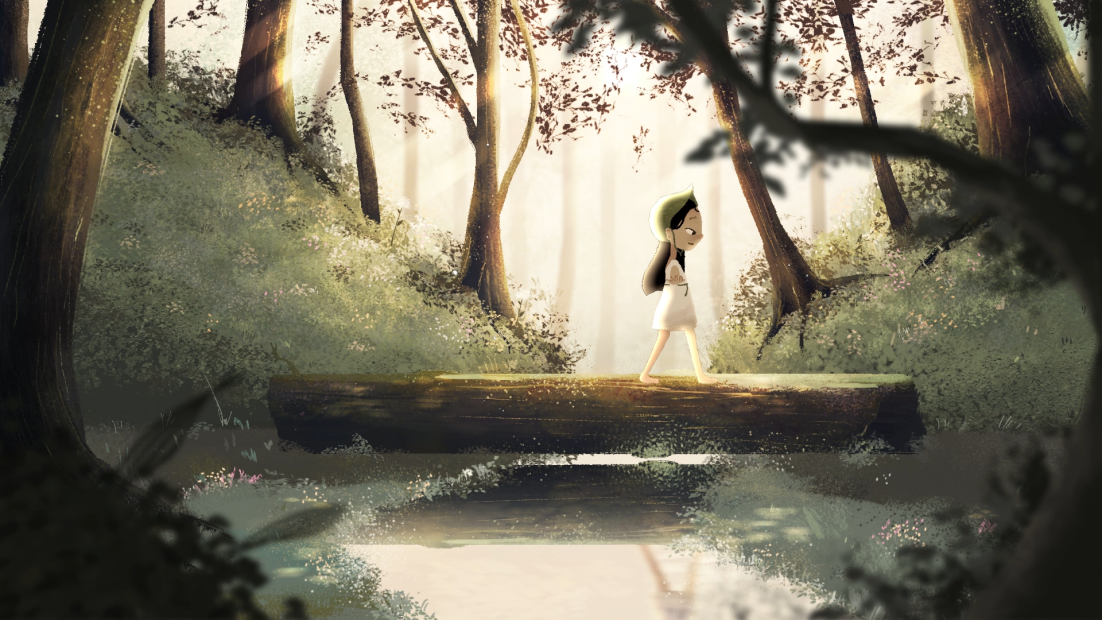 Still from animation of girl with dark hair walking across a log bridge in the forest