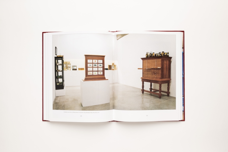 Book spread of an exhibition photo printed across both pages with multiple cabinets in view
