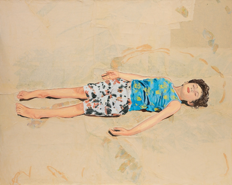 Painting of a child lying down with their eyes closed on a tan background resembling sand
