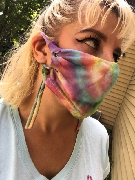 Melissa Thyden wearing a tie dye mask
