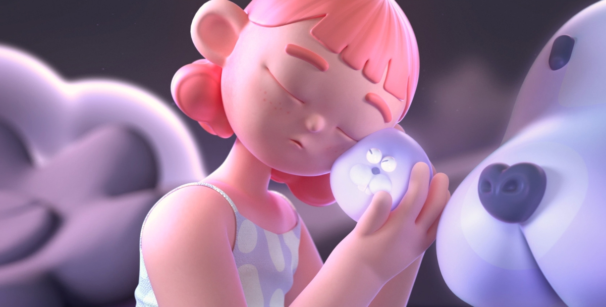 Still from 3-D animation of a girl with pink hair pressing her cheek to purple dogs