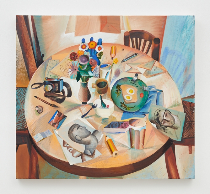 A painting of an aerial view of a round wooden table laden with kitchenware and art supplies.