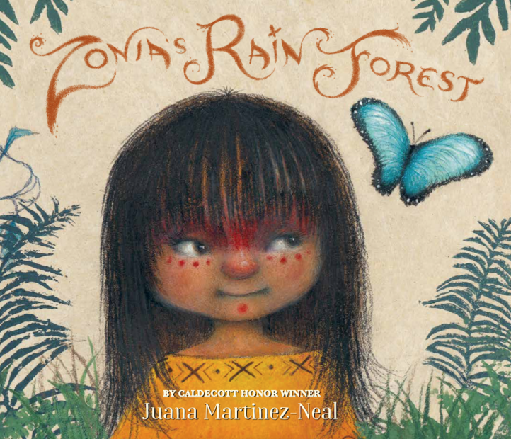 Illustration of an Indigenous child with face paint in a lush background with plant life and a butterfly.
