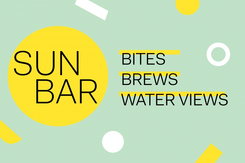 Graphic reading "SunBar – Bites Brews Water Views"