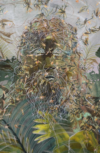 A representation in muted colors of a long-haired, bearded figure amid layers of leaves and foliage.