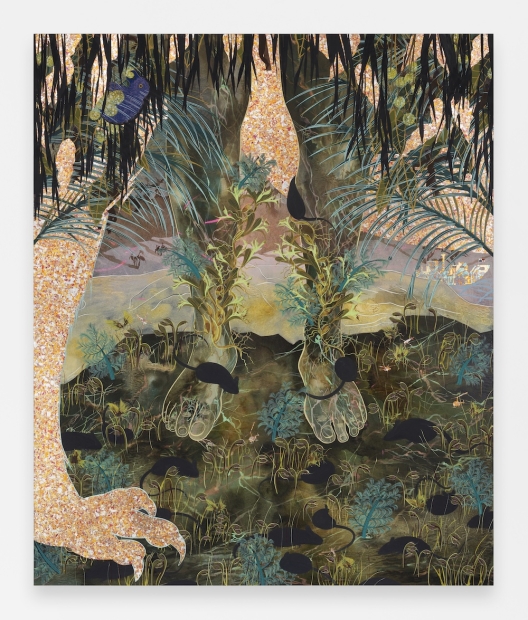 A representation in muted colors of ethereal human feet and an animal foot amid layers of leaves and foliage.